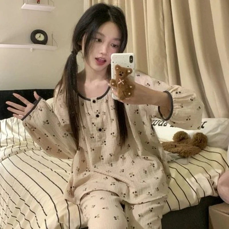 TAMBREET Cherry Sleepwear Button Women Pajamas Set Autumn Korean Fashion Long Sleeve Sets 2 Pieces Night Wears Casual Home Wear