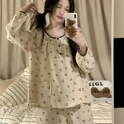 TAMBREET Cherry Sleepwear Button Women Pajamas Set Autumn Korean Fashion Long Sleeve Sets 2 Pieces Night Wears Casual Home Wear