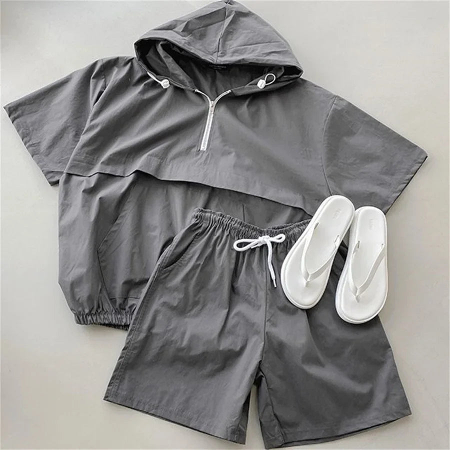 TAMBREET Chic Summer Hooded Tracksuit Loose Sports Short Sleeve Pullover T-shirt And Shorts Suit 2024 Women Casual Solid Color Outfits