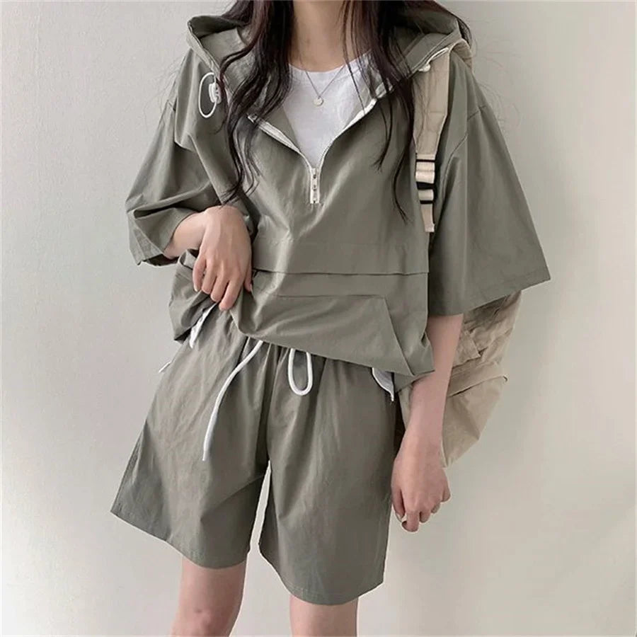 TAMBREET Chic Summer Hooded Tracksuit Loose Sports Short Sleeve Pullover T-shirt And Shorts Suit 2024 Women Casual Solid Color Outfits