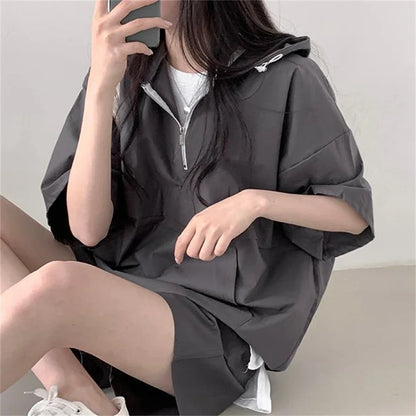 TAMBREET Chic Summer Hooded Tracksuit Loose Sports Short Sleeve Pullover T-shirt And Shorts Suit 2024 Women Casual Solid Color Outfits