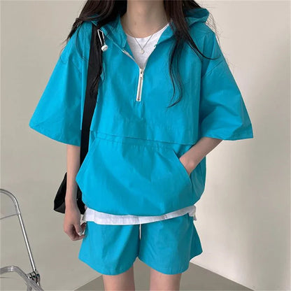 TAMBREET Chic Summer Hooded Tracksuit Loose Sports Short Sleeve Pullover T-shirt And Shorts Suit 2024 Women Casual Solid Color Outfits