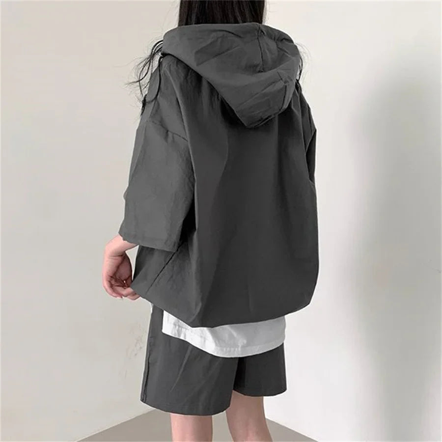 TAMBREET Chic Summer Hooded Tracksuit Loose Sports Short Sleeve Pullover T-shirt And Shorts Suit 2024 Women Casual Solid Color Outfits