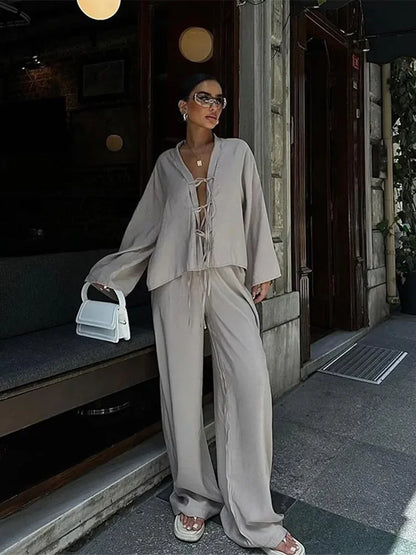 TAMBREET Chic V Neck Hollow Out Lace Up  Long Sleeved Shirt Set Women Causal Loose Solid Wide Leg Pants Suit New Lady High Street Outfits