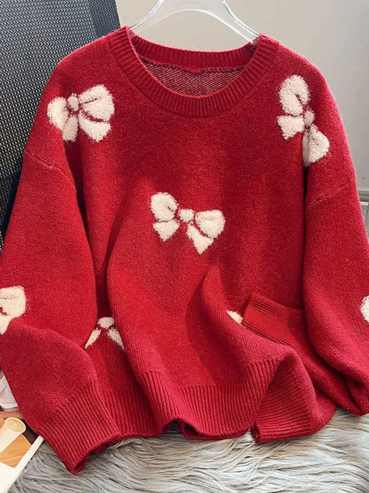 TAMBREET Christmas Red Bow Sweaters Women Loose Sweet Knitted Pullovers Korean Fashion Long Sleeve Elegant Lady Kawaii Tops Jumpers