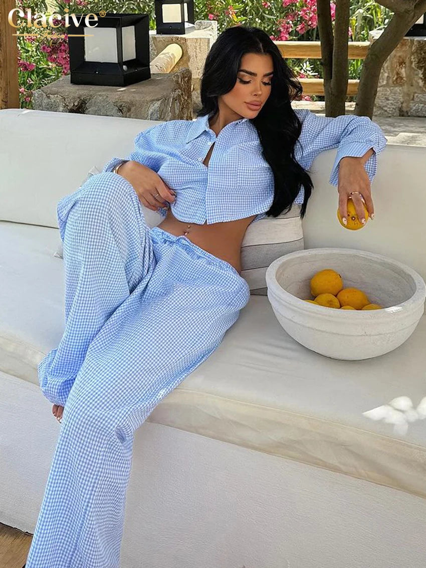 TAMBREET Clacive Fashion Loose Blue Plaid Cotton Trousers Sets Women 2 Pieces Elegant Long Sleeve Crop Top With Mid Waist Wide Pants Set