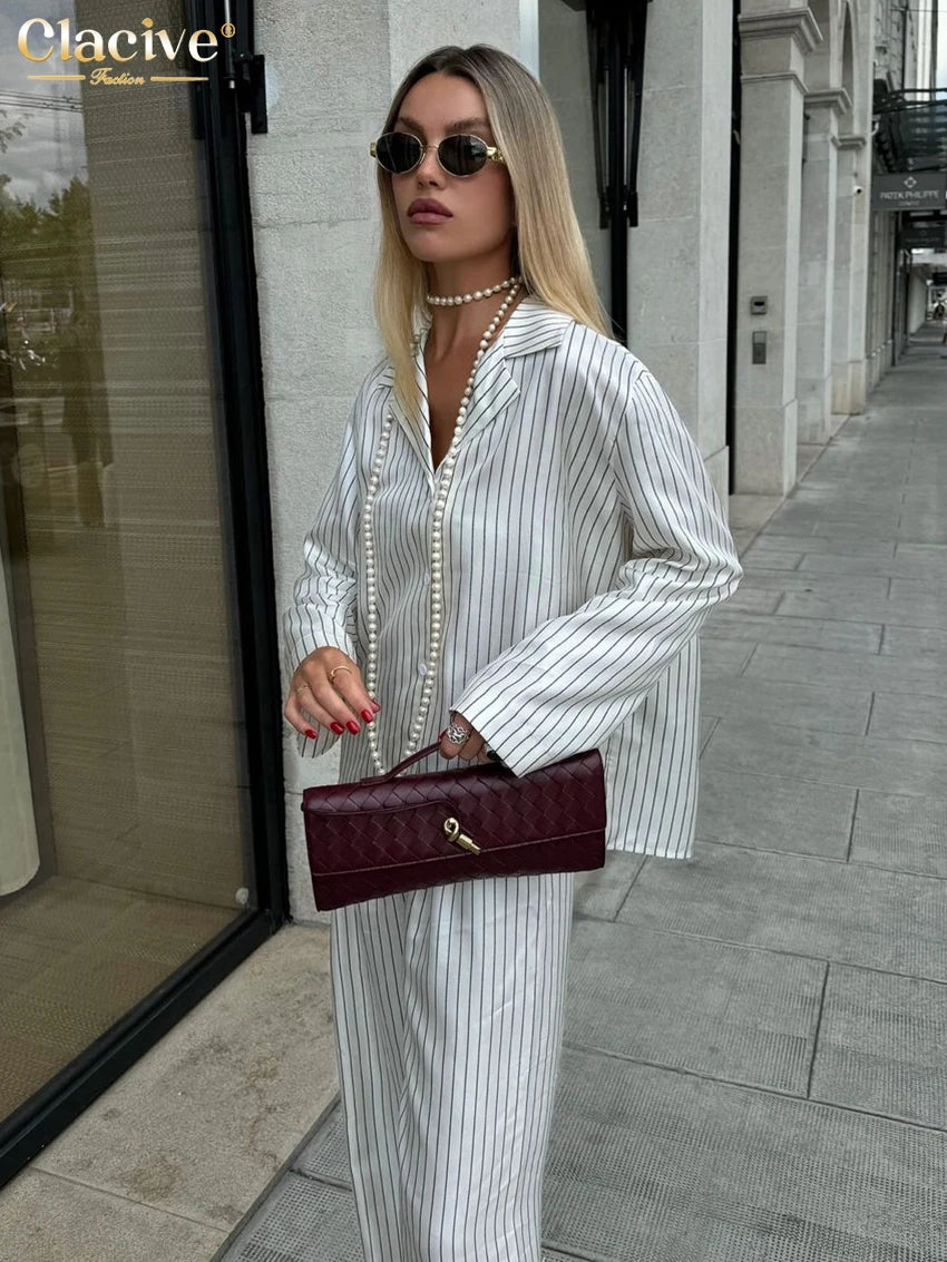 TAMBREET Clacive Fashion Loose Stripe Print Trousers Sets For Women 2 Pieces Elegant Long Sleeve Shirt With High Waist Wide Pants Set