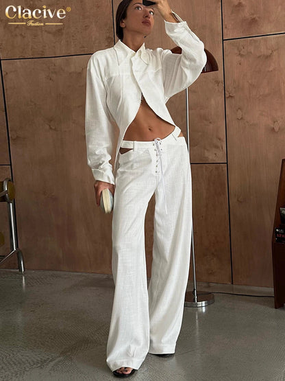 TAMBREET Clacive Fashion Loose White Linen Women's Two Pieces Set 2024 Elegant Long Sleeve Shirt With Mid Waist Wide Pants Set Streetwear