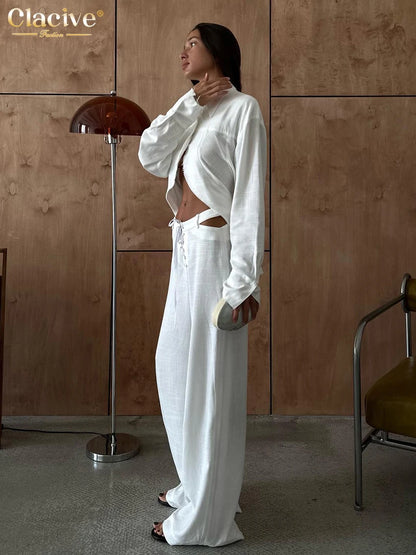 TAMBREET Clacive Fashion Loose White Linen Women's Two Pieces Set 2024 Elegant Long Sleeve Shirt With Mid Waist Wide Pants Set Streetwear