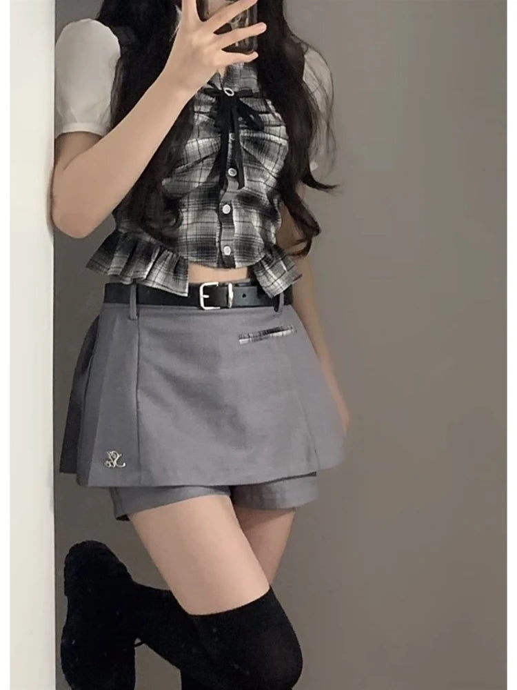 TAMBREET College Style Bow Korean Fashion Shorts Suit Outfits Striped Shirt + Casual Slim Shorts Skirt Hot Girl Kawaii Sweet Set 2024 New