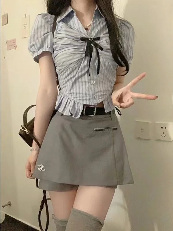 TAMBREET College Style Bow Korean Fashion Shorts Suit Outfits Striped Shirt + Casual Slim Shorts Skirt Hot Girl Kawaii Sweet Set 2024 New