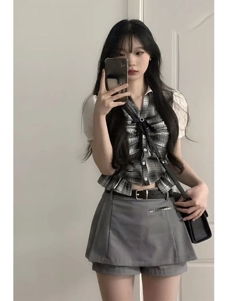 TAMBREET College Style Bow Korean Fashion Shorts Suit Outfits Striped Shirt + Casual Slim Shorts Skirt Hot Girl Kawaii Sweet Set 2024 New