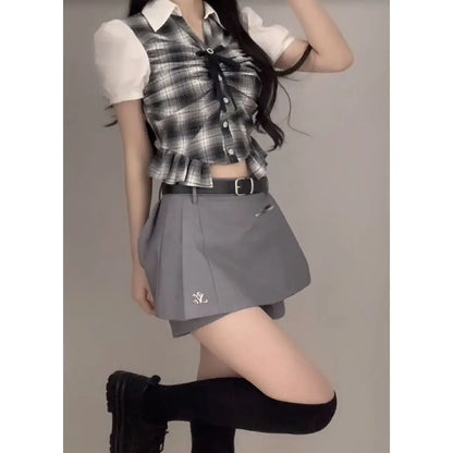 TAMBREET College Style Bow Korean Fashion Shorts Suit Outfits Striped Shirt + Casual Slim Shorts Skirt Hot Girl Kawaii Sweet Set 2024 New