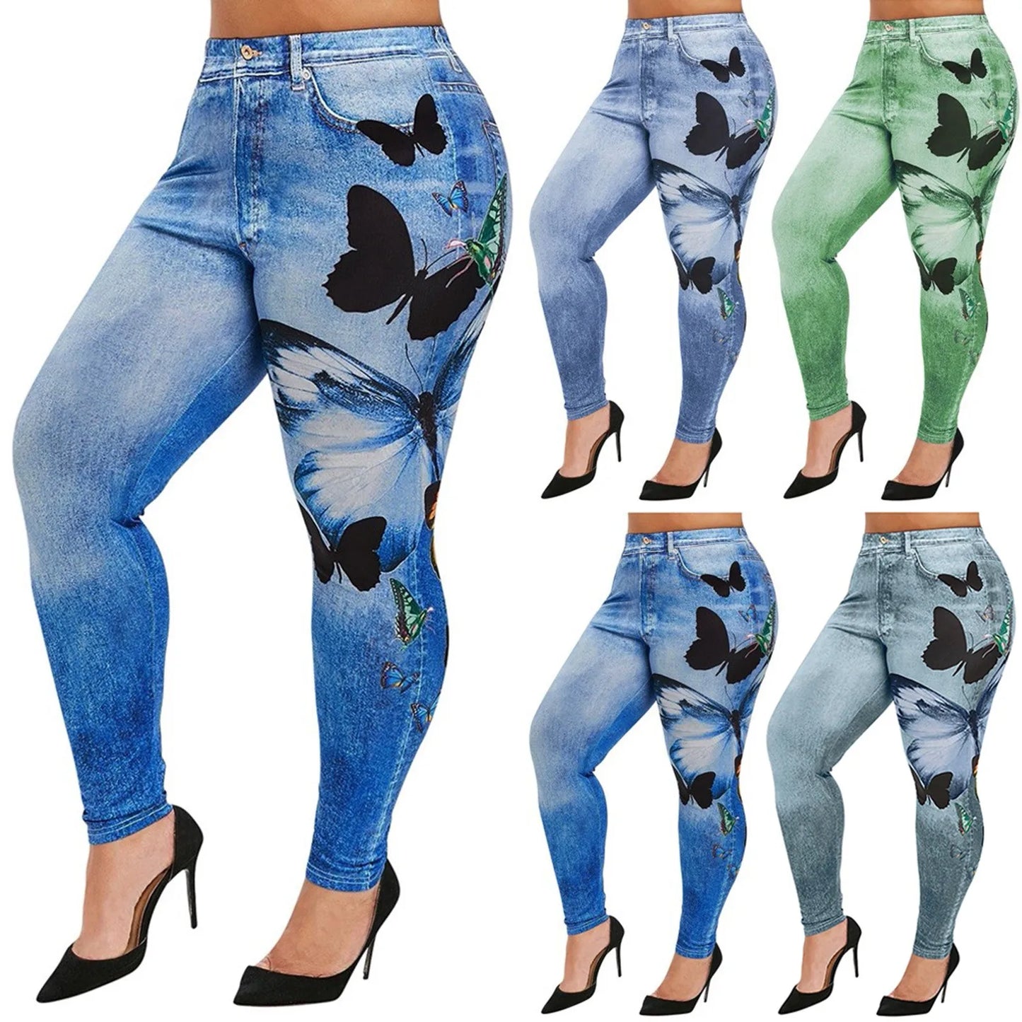 TAMBREET Comfortable Skinny Pants Denim Leggings Butterfly Print Women Jean Cowboy Stretchy Famale Slim Faux Jeans Pants Plus Size 5XL