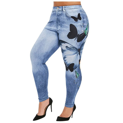 TAMBREET Comfortable Skinny Pants Denim Leggings Butterfly Print Women Jean Cowboy Stretchy Famale Slim Faux Jeans Pants Plus Size 5XL