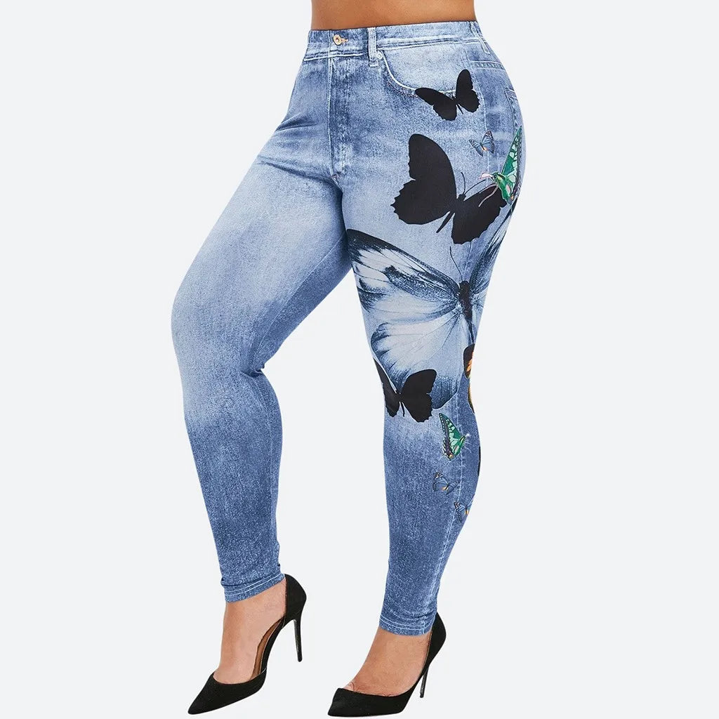 TAMBREET Comfortable Skinny Pants Denim Leggings Butterfly Print Women Jean Cowboy Stretchy Famale Slim Faux Jeans Pants Plus Size 5XL