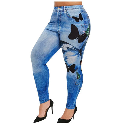 TAMBREET Comfortable Skinny Pants Denim Leggings Butterfly Print Women Jean Cowboy Stretchy Famale Slim Faux Jeans Pants Plus Size 5XL