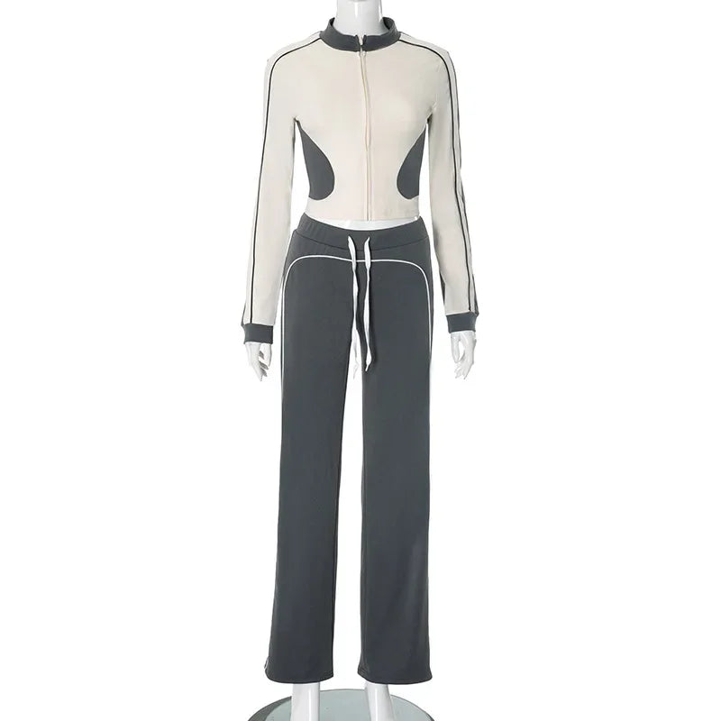 TAMBREET Contrast Color 2 Piece Set Women Tracksuits Long Sleeve Zipper Jackets Crop Top + Drawstring High Waist Straight Pants Suits