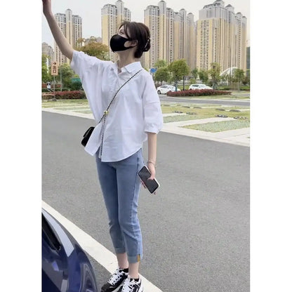 TAMBREET Cotton Mid-sleeve Thin Woman Blous Shir 2024 Summer New Loose Fashion Irregular Shirt Casual Vacation Top Korean Women's Clothes