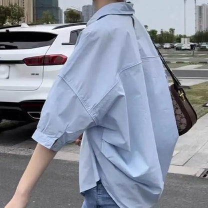 TAMBREET Cotton Mid-sleeve Thin Woman Blous Shir 2024 Summer New Loose Fashion Irregular Shirt Casual Vacation Top Korean Women's Clothes