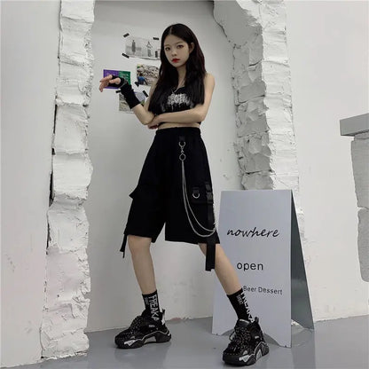 TAMBREET Cotton Shorts for Women Cargo Pants Overalls with Chain Female Capris Summer Hip Hop Korean Straight Loose Casual Pants Black