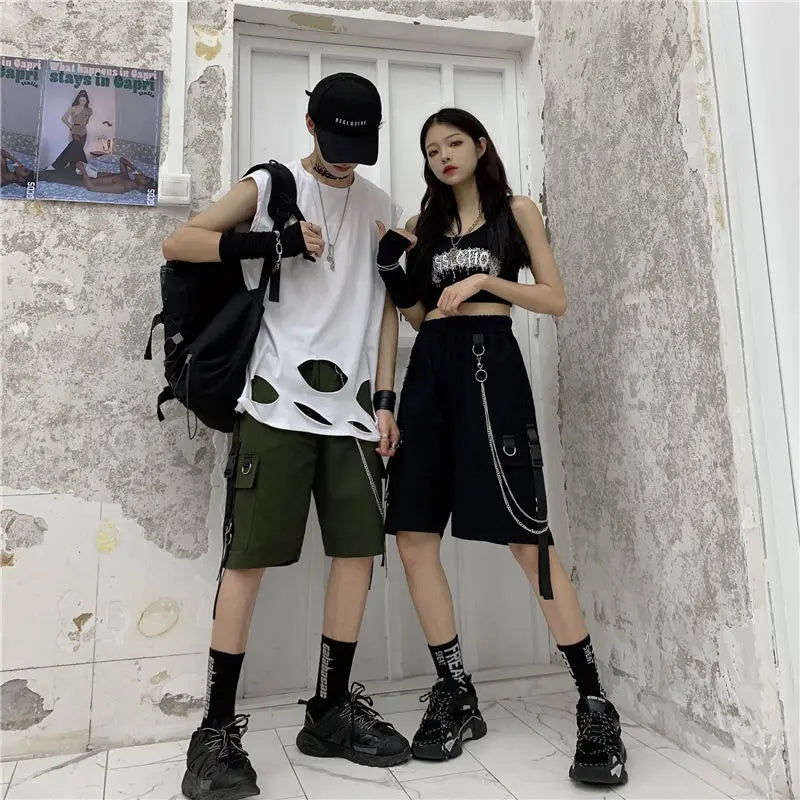 TAMBREET Cotton Shorts for Women Cargo Pants Overalls with Chain Female Capris Summer Hip Hop Korean Straight Loose Casual Pants Black