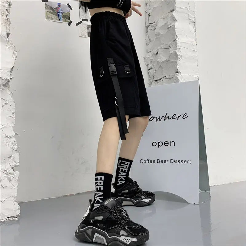 TAMBREET Cotton Shorts for Women Cargo Pants Overalls with Chain Female Capris Summer Hip Hop Korean Straight Loose Casual Pants Black