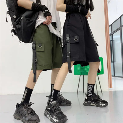 TAMBREET Cotton Shorts for Women Cargo Pants Overalls with Chain Female Capris Summer Hip Hop Korean Straight Loose Casual Pants Black