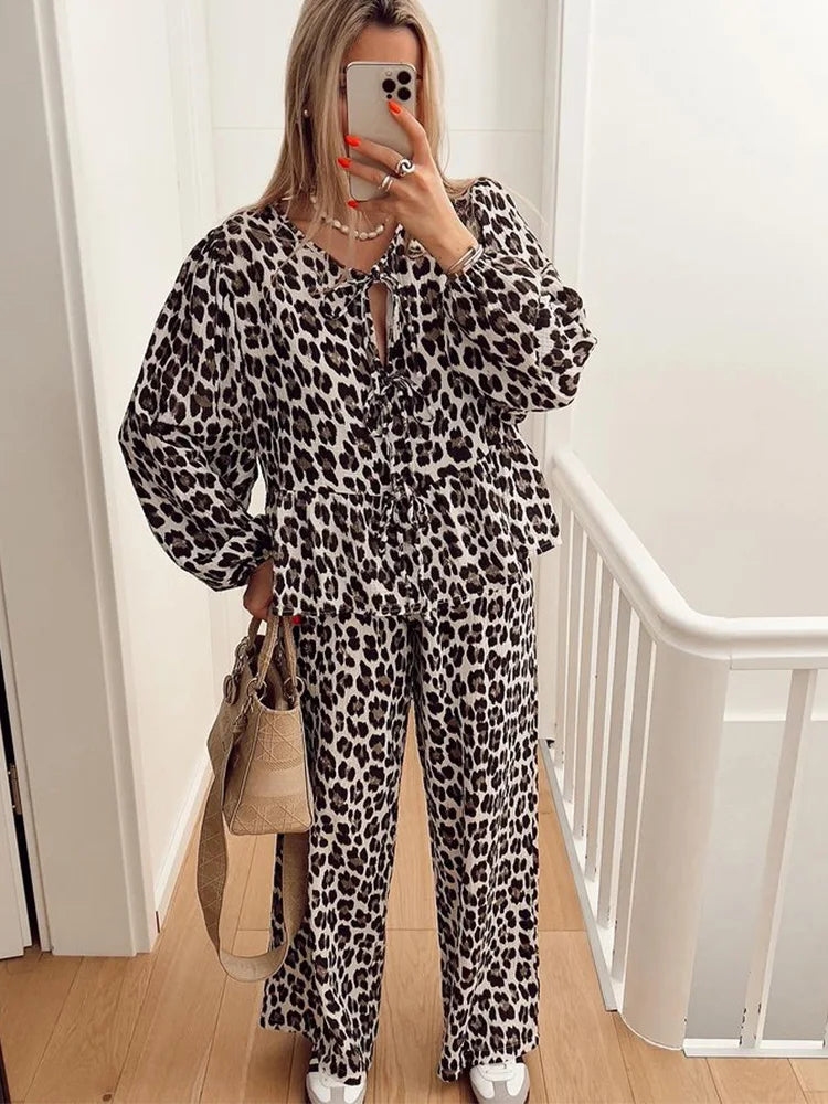 TAMBREET Crape Leopard Shirts Pants Suit Women Lace Up O-neck Long Sleeve Loose Shirt And Elastic High Waist Trousers 2 Pieces Set Spring