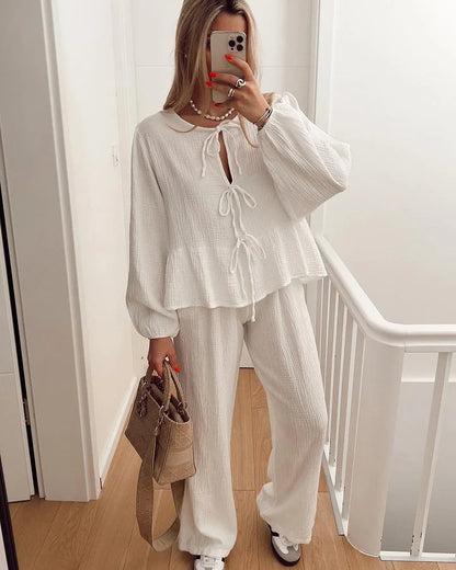 TAMBREET Crape Leopard Shirts Pants Suit Women Lace Up O-neck Long Sleeve Loose Shirt And Elastic High Waist Trousers 2 Pieces Set Spring