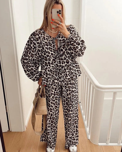 TAMBREET Crape Leopard Shirts Pants Suit Women Lace Up O-neck Long Sleeve Loose Shirt And Elastic High Waist Trousers 2 Pieces Set Spring