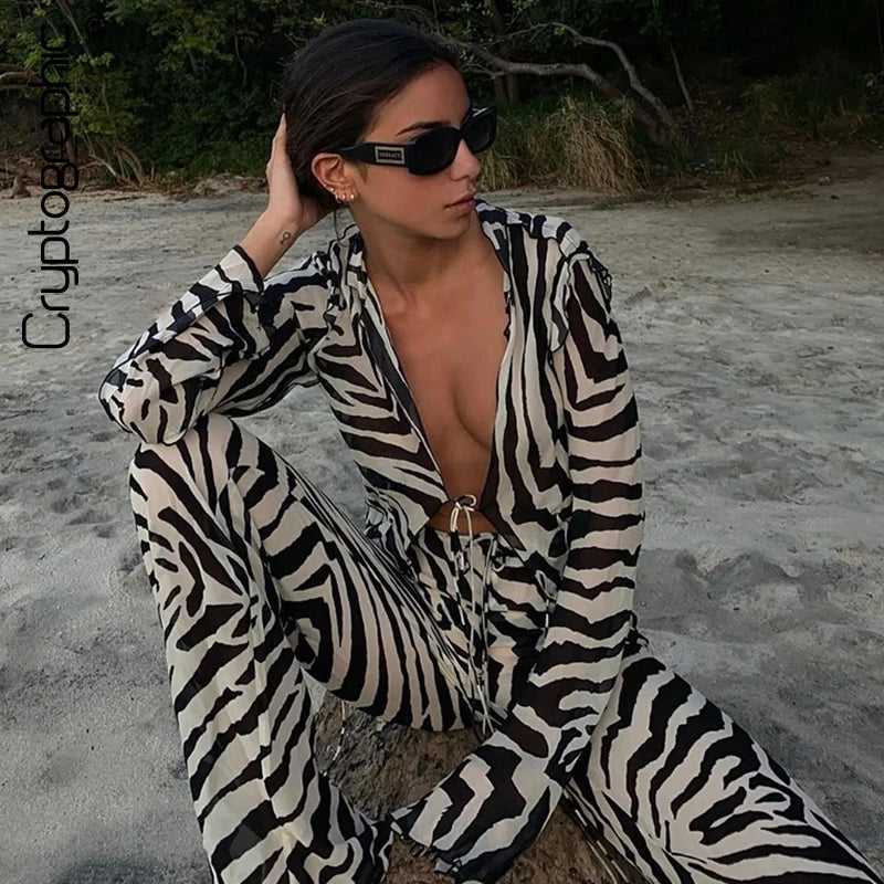 TAMBREET Cryptographic Animal Print Mesh Sheer Stripe Tie Front Detail Top Matching Sets Fashion Outfits 2 Piece Sets Holiday Beachwear