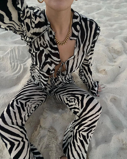 TAMBREET Cryptographic Animal Print Mesh Sheer Stripe Tie Front Detail Top Matching Sets Fashion Outfits 2 Piece Sets Holiday Beachwear