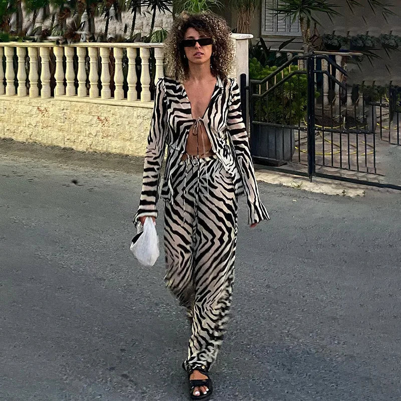 TAMBREET Cryptographic Animal Print Mesh Sheer Stripe Tie Front Detail Top Matching Sets Fashion Outfits 2 Piece Sets Holiday Beachwear