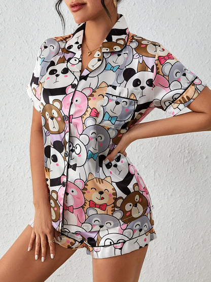 TAMBREET Cute Cartoon Print Satin Pajama Set Short Sleeve Buttons Lapel Top & Elastic Shorts Women's Sleepwear