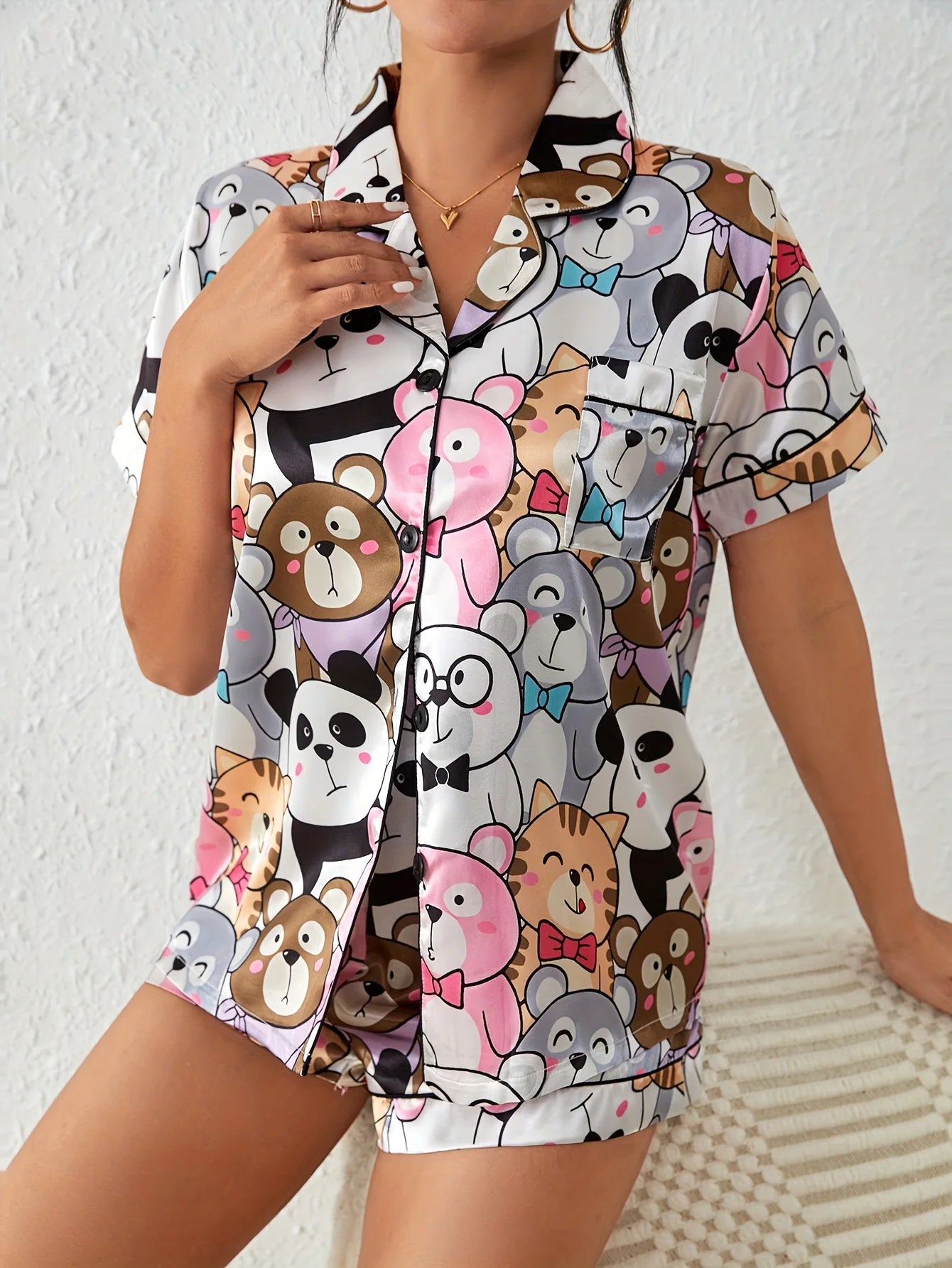 TAMBREET Cute Cartoon Print Satin Pajama Set Short Sleeve Buttons Lapel Top & Elastic Shorts Women's Sleepwear