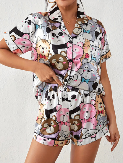 TAMBREET Cute Cartoon Print Satin Pajama Set Short Sleeve Buttons Lapel Top & Elastic Shorts Women's Sleepwear