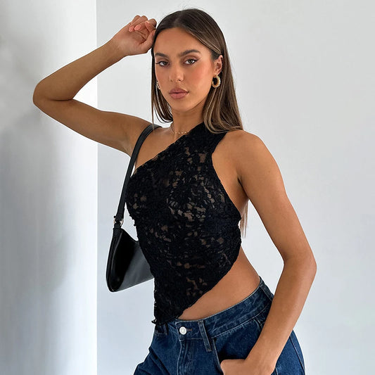 TAMBREET Cutenova Lace Slant Neck Off Shoulder Irregular Hem Top Sexy See Through Solid Color One Shoulder Sleeveless Crop Backless Top