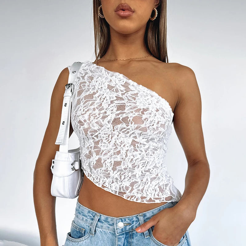 TAMBREET Cutenova Lace Slant Neck Off Shoulder Irregular Hem Top Sexy See Through Solid Color One Shoulder Sleeveless Crop Backless Top