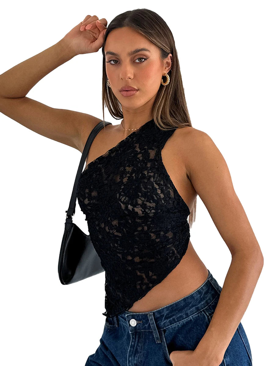 TAMBREET Cutenova Lace Slant Neck Off Shoulder Irregular Hem Top Sexy See Through Solid Color One Shoulder Sleeveless Crop Backless Top