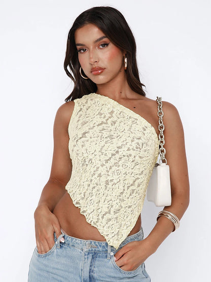 TAMBREET Cutenova Lace Slant Neck Off Shoulder Irregular Hem Top Sexy See Through Solid Color One Shoulder Sleeveless Crop Backless Top