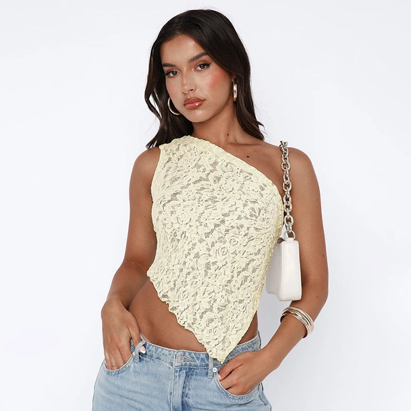 TAMBREET Cutenova Lace Slant Neck Off Shoulder Irregular Hem Top Sexy See Through Solid Color One Shoulder Sleeveless Crop Backless Top