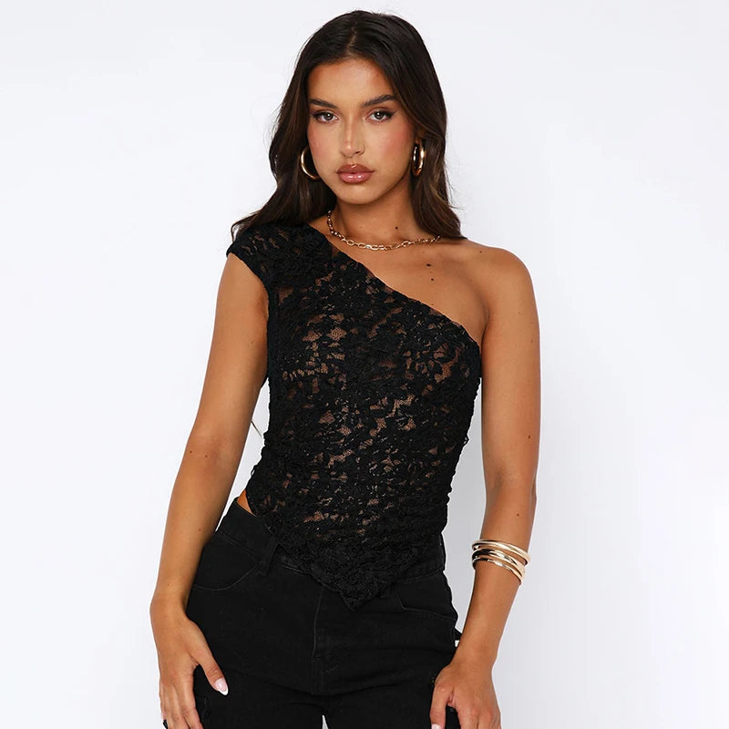 TAMBREET Cutenova Lace Slant Neck Off Shoulder Irregular Hem Top Sexy See Through Solid Color One Shoulder Sleeveless Crop Backless Top