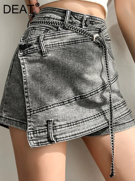 TAMBREET  DEAT Fashion Women's Denim Skirt New High Waist Irregular Chain Spliced Gray Above Knee Skirts Female Tide Summer 2024 17A1443