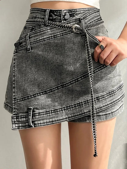 TAMBREET  DEAT Fashion Women's Denim Skirt New High Waist Irregular Chain Spliced Gray Above Knee Skirts Female Tide Summer 2024 17A1443