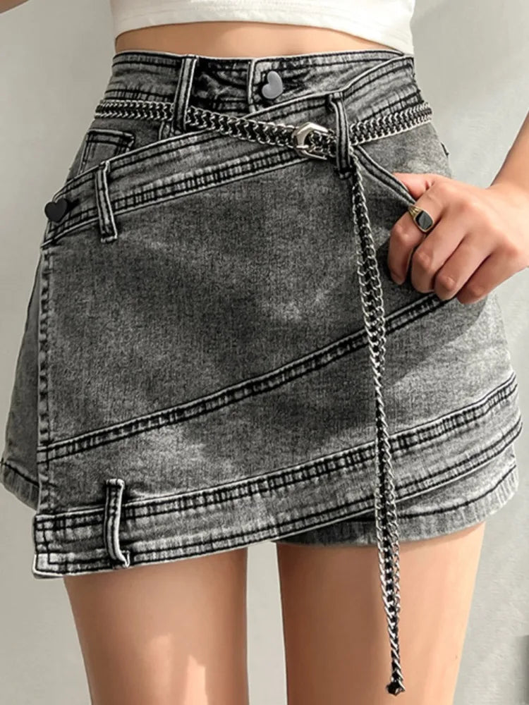 TAMBREET  DEAT Fashion Women's Denim Skirt New High Waist Irregular Chain Spliced Gray Above Knee Skirts Female Tide Summer 2024 17A1443