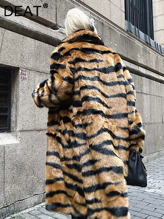 TAMBREET DEAT Fashion Women's Faux Fur Coat Loose Double Layer Collar Long Sleeve Tiger Striped Thick Warm Jacket Winter 2024 New 17A4773