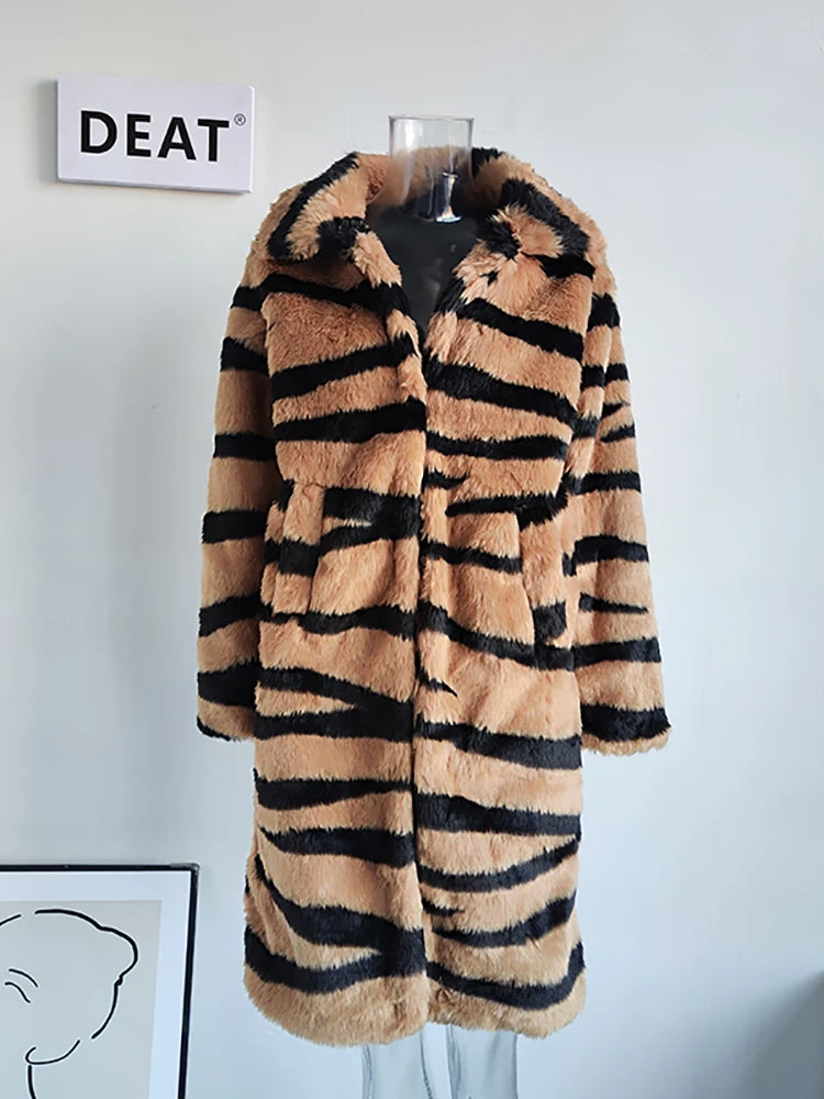 TAMBREET DEAT Fashion Women's Faux Fur Coat Loose Double Layer Collar Long Sleeve Tiger Striped Thick Warm Jacket Winter 2024 New 17A4773