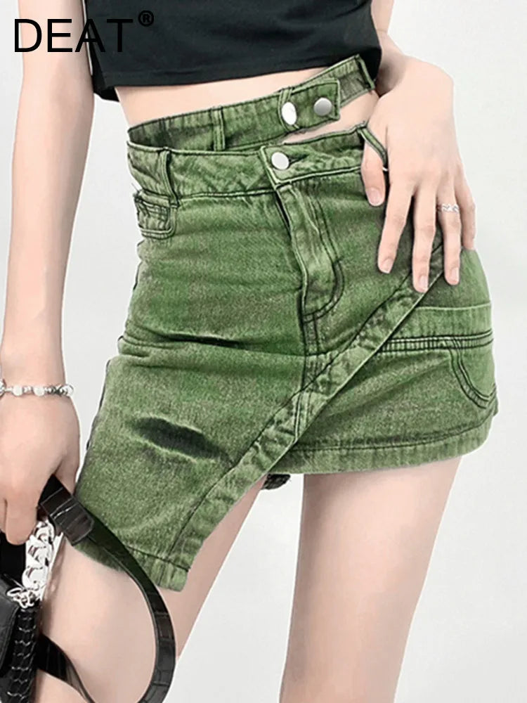 TAMBREET  DEAT Fashion Women's Skirt High Waist Patchwork Irregular Mini Above Knee Tie-dyed Green Denim Skirts Spring 2024 New 17A1759