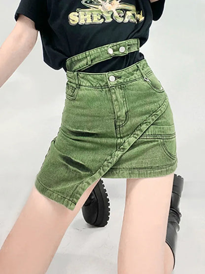 TAMBREET  DEAT Fashion Women's Skirt High Waist Patchwork Irregular Mini Above Knee Tie-dyed Green Denim Skirts Spring 2024 New 17A1759